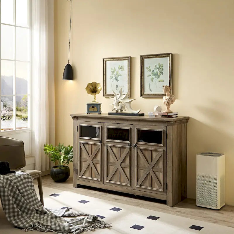 Farmhouse Sideboard Buffet Cabinet with 3 Barn Doors and Adjustable Shelf