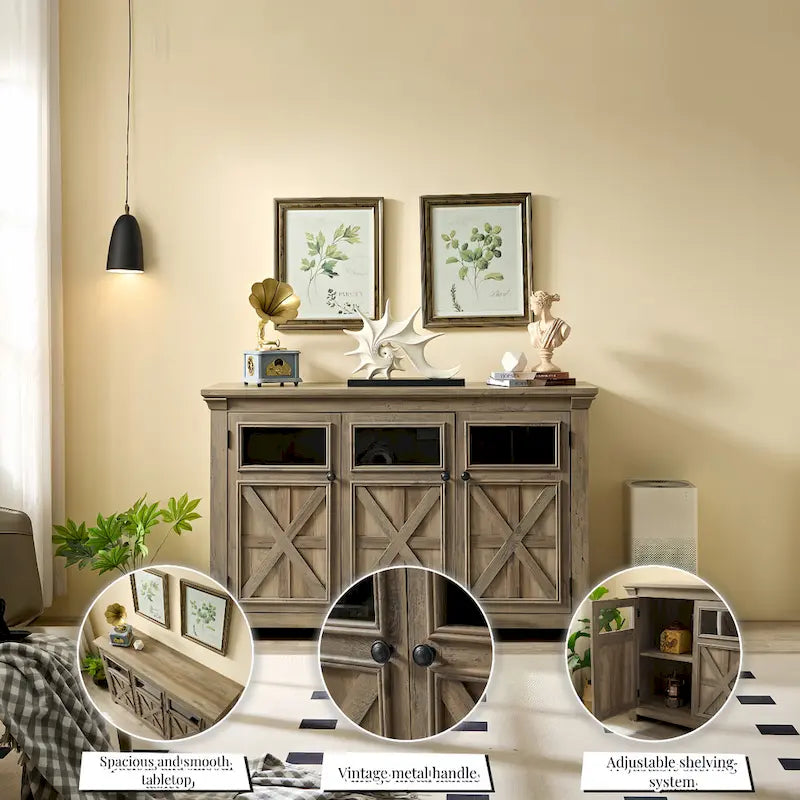 Farmhouse Sideboard Buffet Cabinet with 3 Barn Doors and Adjustable Shelf