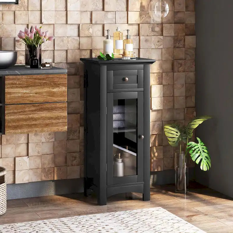 Bathroom Floor Cabinet with Tempered Glass Door and Drawer