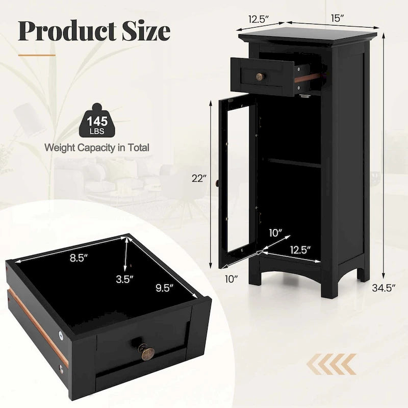 Bathroom Floor Cabinet with Tempered Glass Door and Drawer