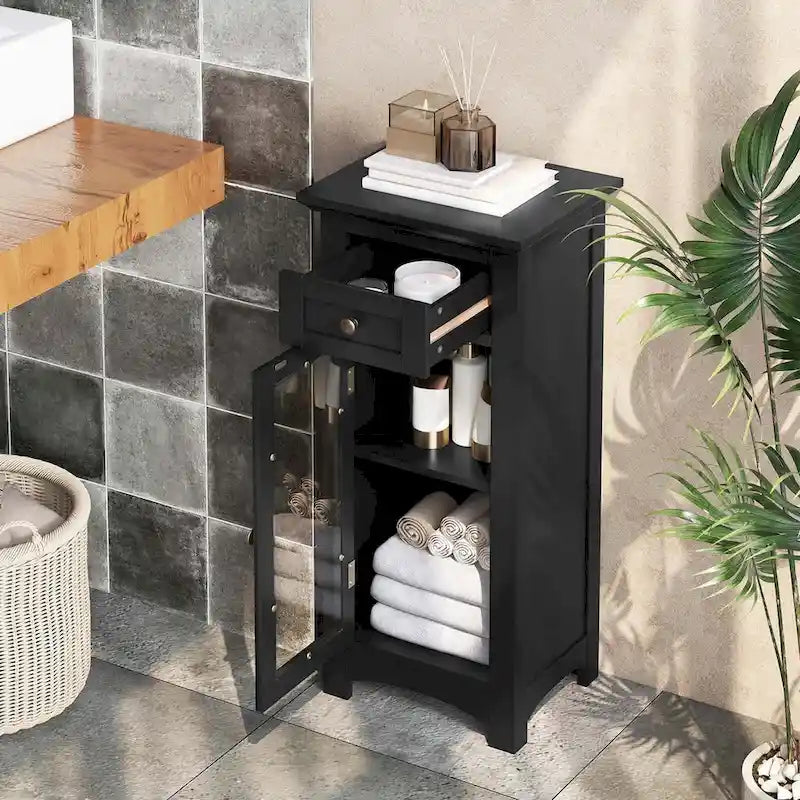 Bathroom Floor Cabinet with Tempered Glass Door and Drawer