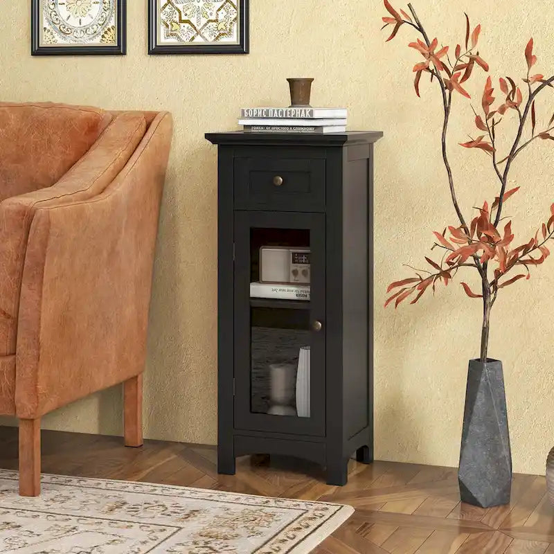 Bathroom Floor Cabinet with Tempered Glass Door and Drawer