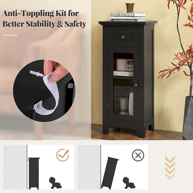 Bathroom Floor Cabinet with Tempered Glass Door and Drawer