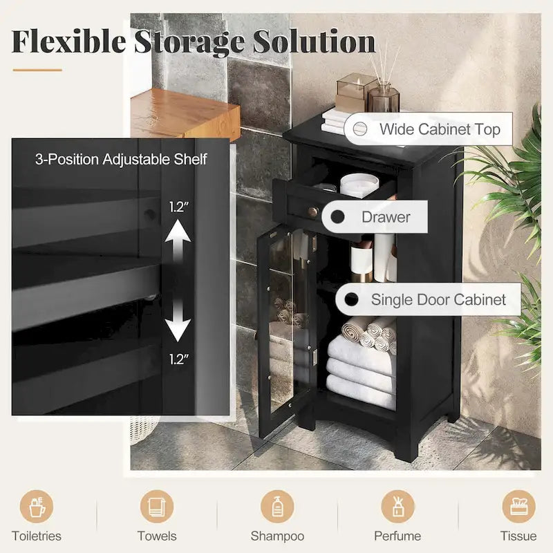 Bathroom Floor Cabinet with Tempered Glass Door and Drawer