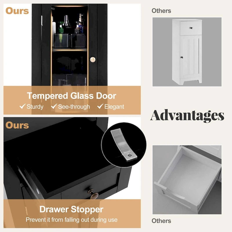 Bathroom Floor Cabinet with Tempered Glass Door and Drawer