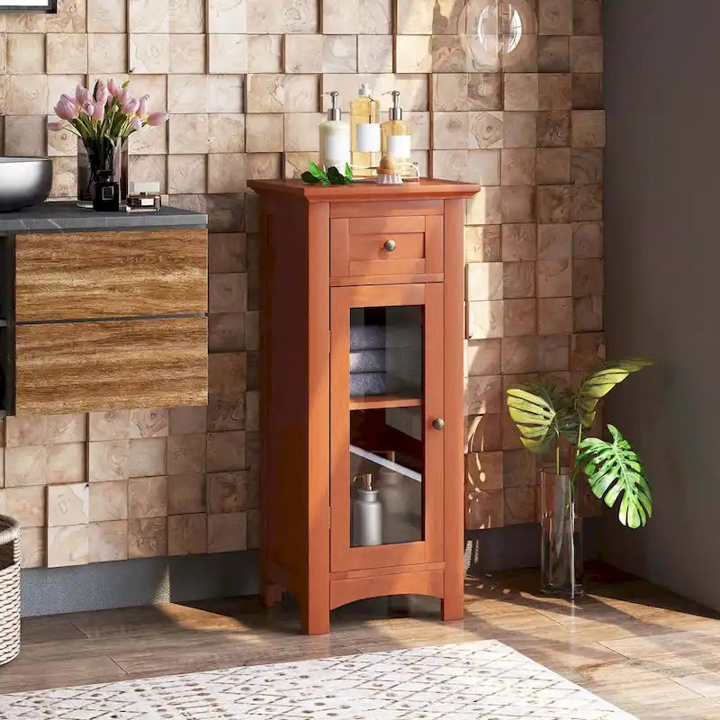 Bathroom Floor Cabinet with Tempered Glass Door and Drawer