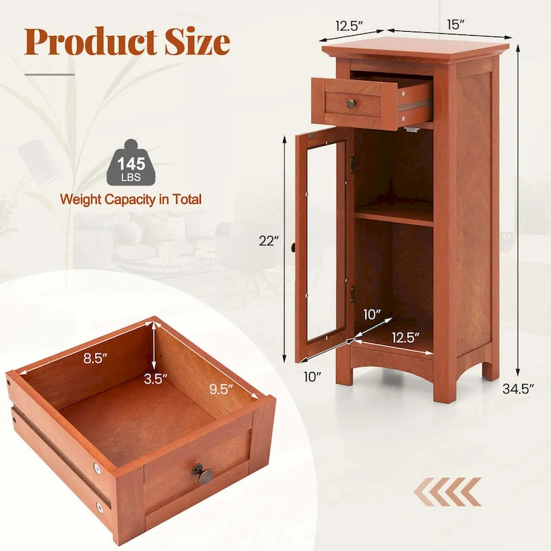 Bathroom Floor Cabinet with Tempered Glass Door and Drawer