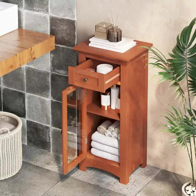 Bathroom Floor Cabinet with Tempered Glass Door and Drawer