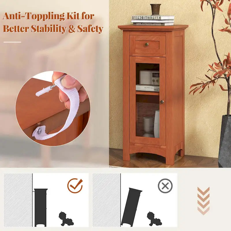 Bathroom Floor Cabinet with Tempered Glass Door and Drawer