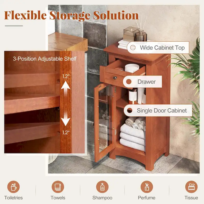 Bathroom Floor Cabinet with Tempered Glass Door and Drawer