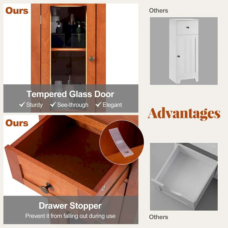 Bathroom Floor Cabinet with Tempered Glass Door and Drawer