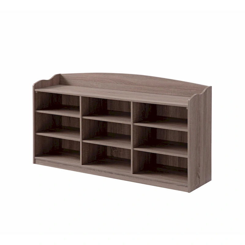 Entryway Shoe Bench with 9 Open Storage Compartments and Cushioned Seat