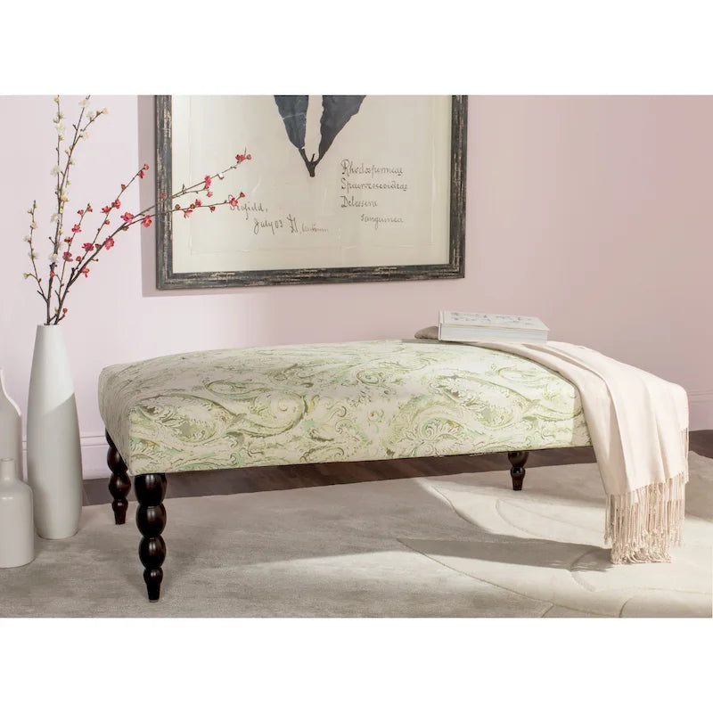 Paisley Print Upholstered Bench with Espresso Turned Legs