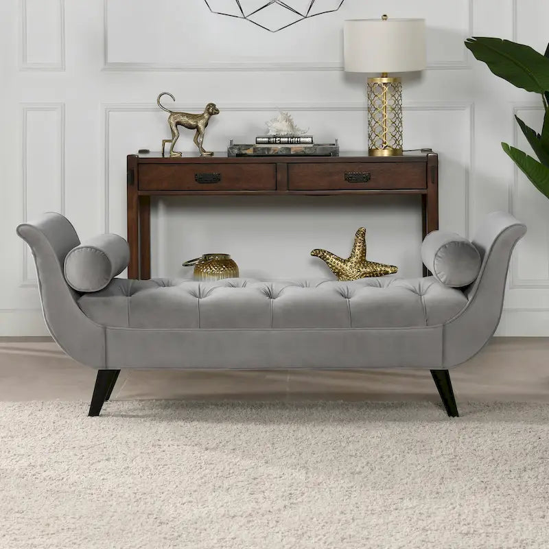 Velvet Tufted Bench with Solid Wood Frame & Bolster Pillows