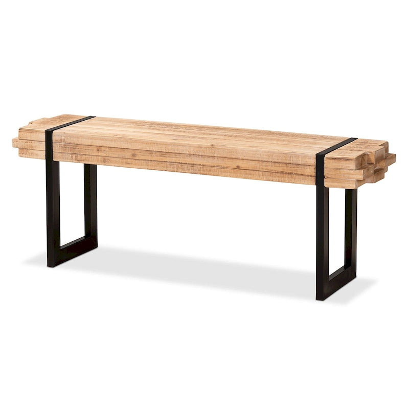 Rustic Industrial Entryway Bench with Stacked Wood Effect and Metal Legs