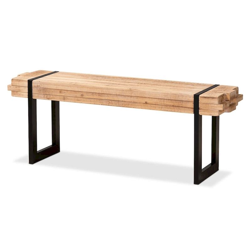 Rustic Industrial Entryway Bench with Stacked Wood Effect and Metal Legs