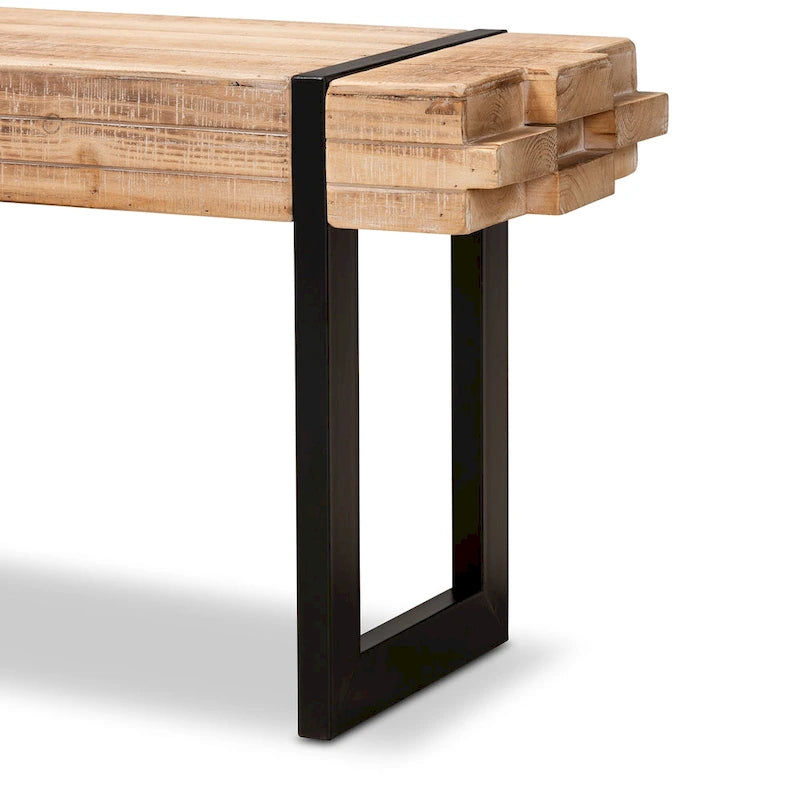 Rustic Industrial Entryway Bench with Stacked Wood Effect and Metal Legs