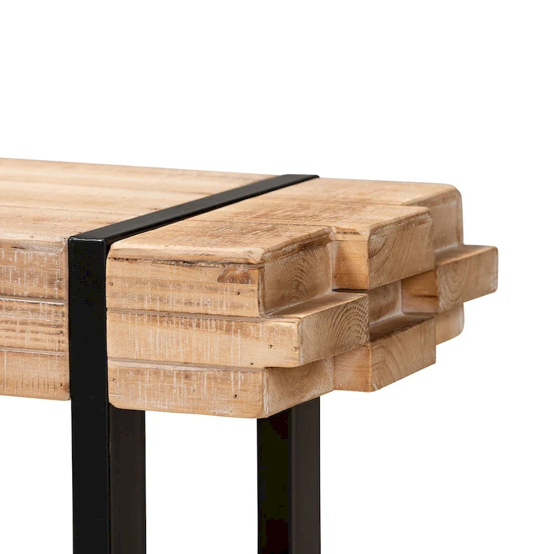 Rustic Industrial Entryway Bench with Stacked Wood Effect and Metal Legs