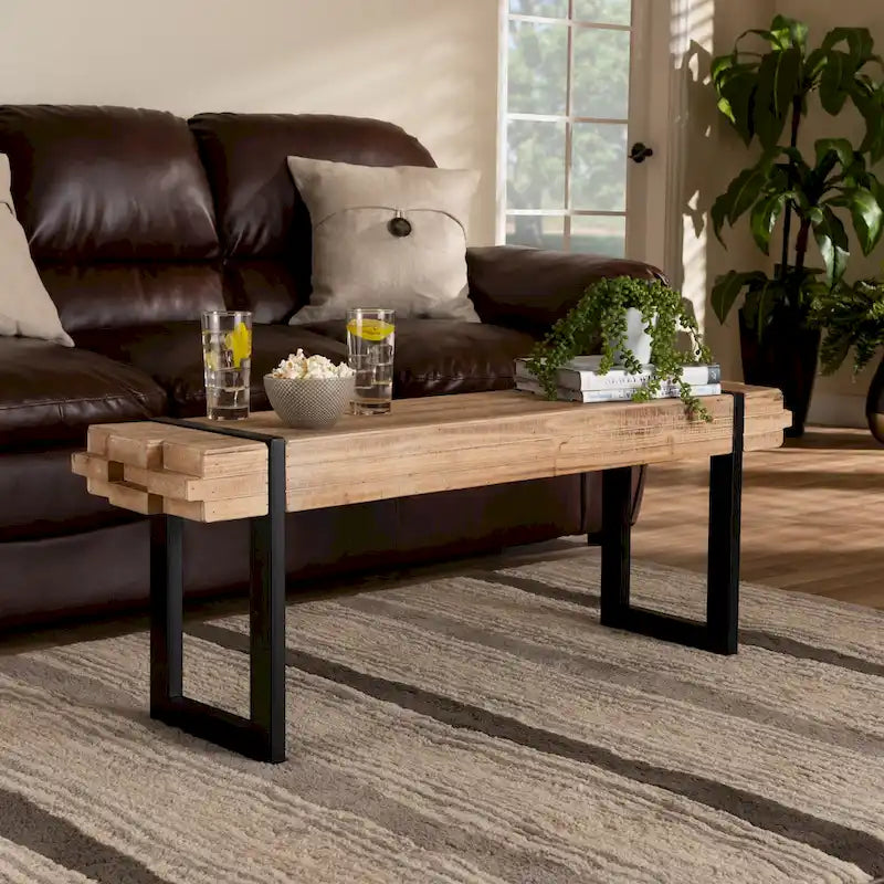 Rustic Industrial Entryway Bench with Stacked Wood Effect and Metal Legs