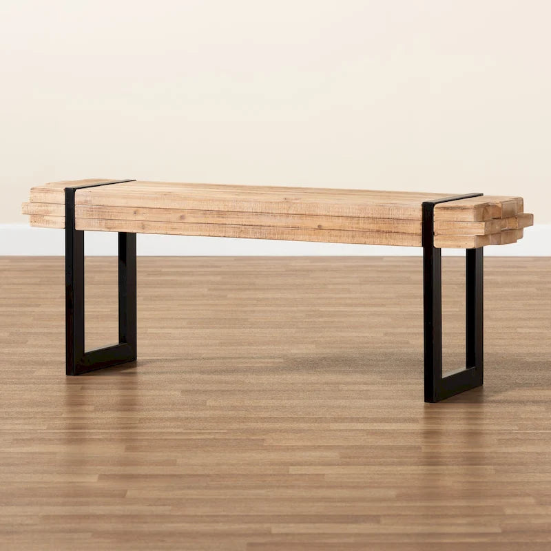Rustic Industrial Entryway Bench with Stacked Wood Effect and Metal Legs
