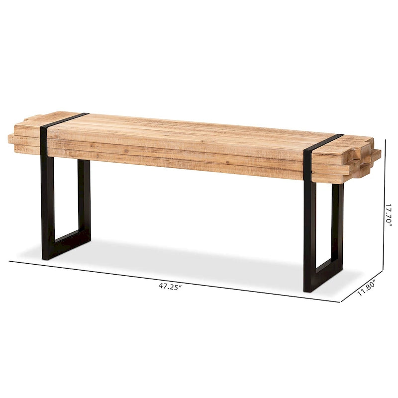 Rustic Industrial Entryway Bench with Stacked Wood Effect and Metal Legs