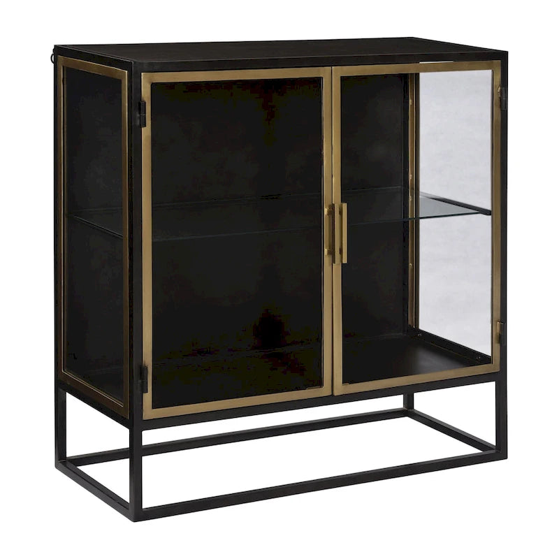 Gunmetal & Brass Iron and Glass 2-Door Display Sideboard