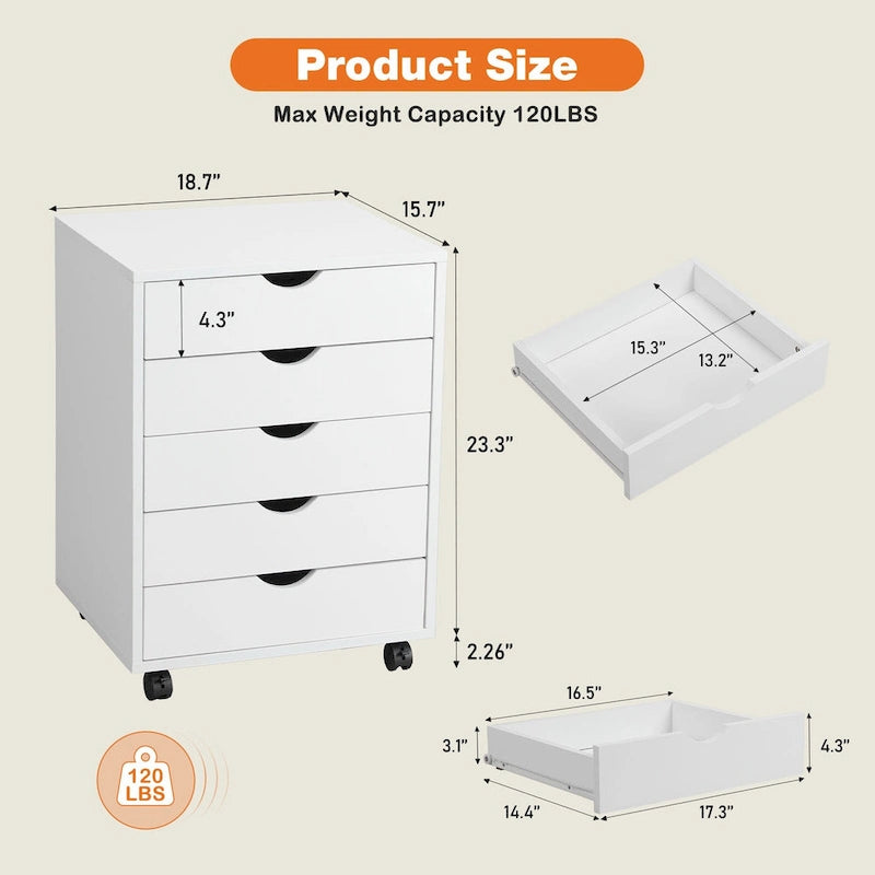 5-Drawer Mobile Storage Cabinet with Locking Wheels