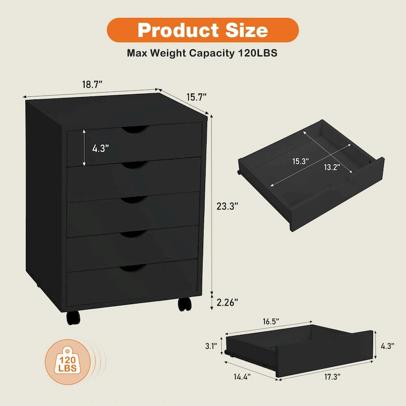 5-Drawer Mobile Storage Cabinet with Locking Wheels