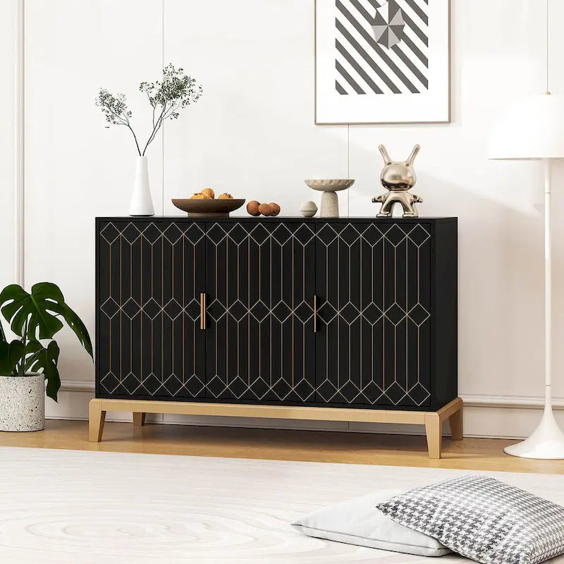 3-Door Sideboard Buffet Cabinet with Adjustable Shelf and Gold Handles