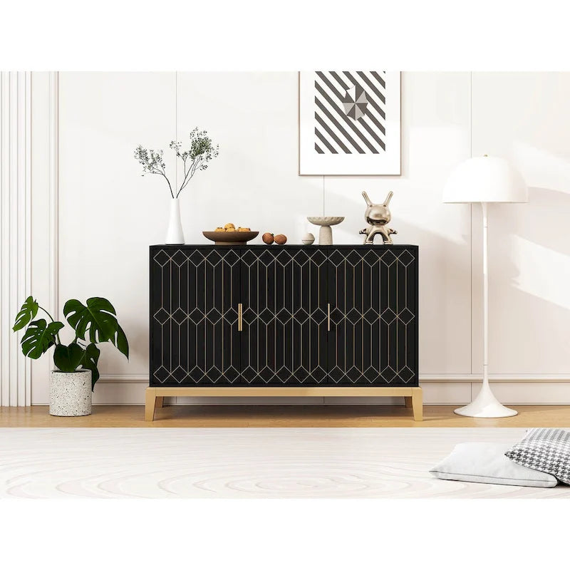3-Door Sideboard Buffet Cabinet with Adjustable Shelf and Gold Handles