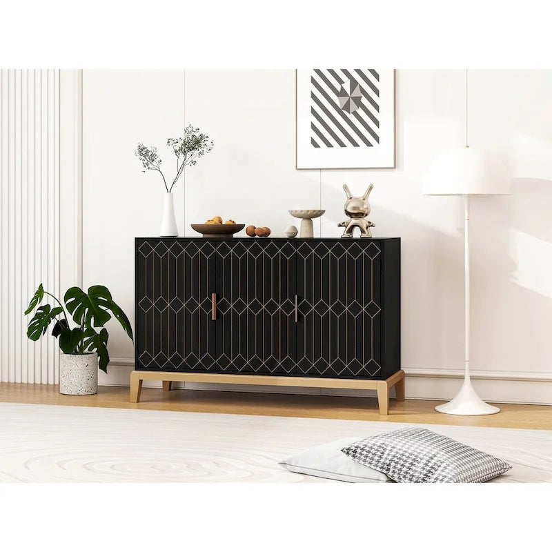 3-Door Sideboard Buffet Cabinet with Adjustable Shelf and Gold Handles