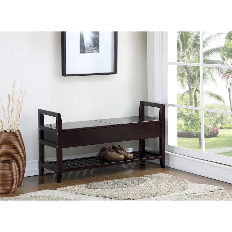 Espresso Storage Bench with Flip-Top Seats & Bottom Shoe Rack