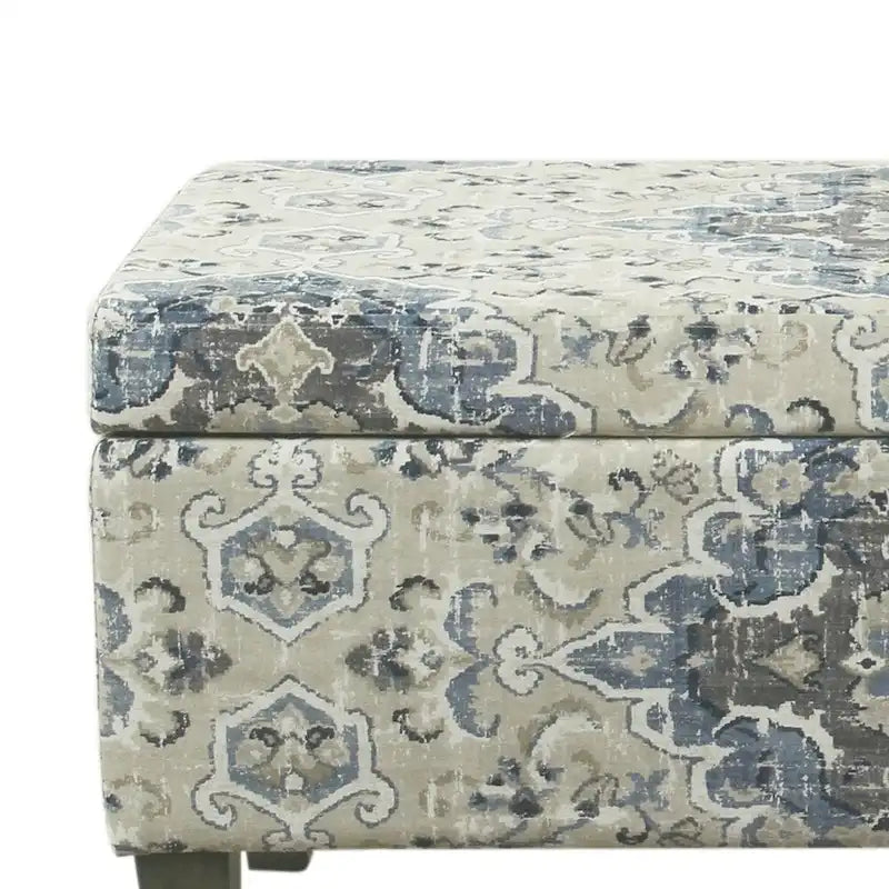 Medallion Print Upholstered Storage Bench with Hinged Lid and Tapered Legs