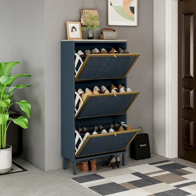 Freestanding Shoe Storage Cabinet with 3 Rattan-Effect Metal Doors and Adjustable Shelves
