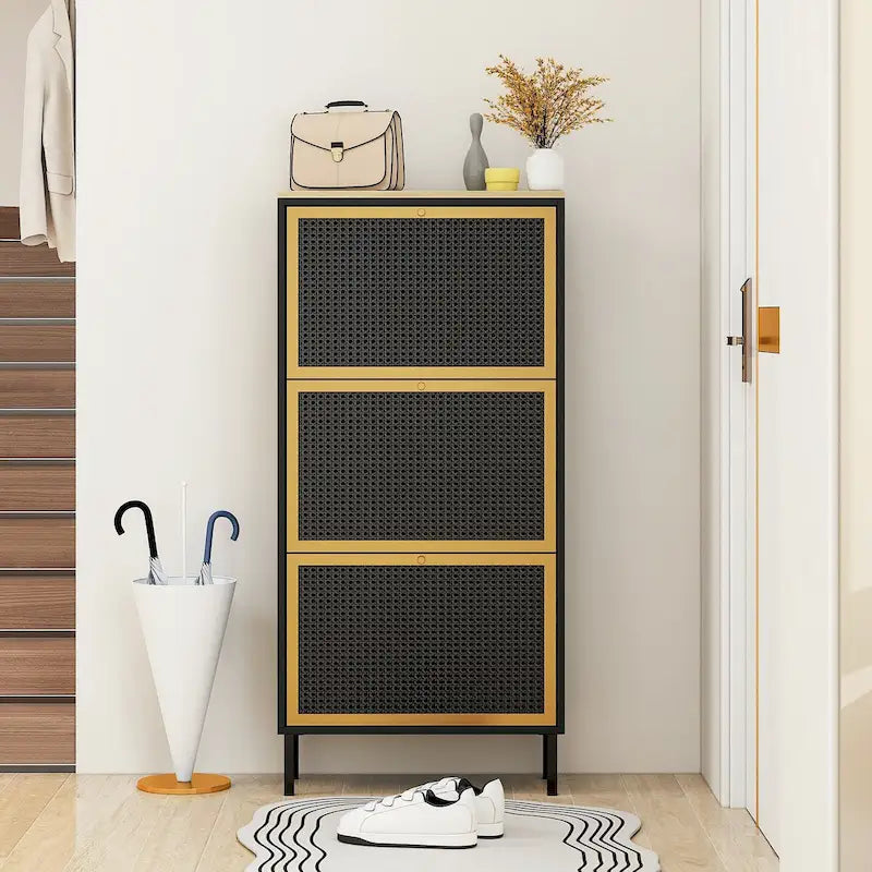 Freestanding Shoe Storage Cabinet with 3 Rattan-Effect Metal Doors and Adjustable Shelves
