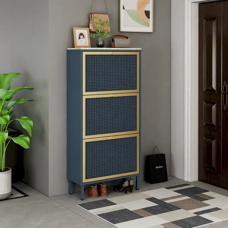 Freestanding Shoe Storage Cabinet with 3 Rattan-Effect Metal Doors and Adjustable Shelves