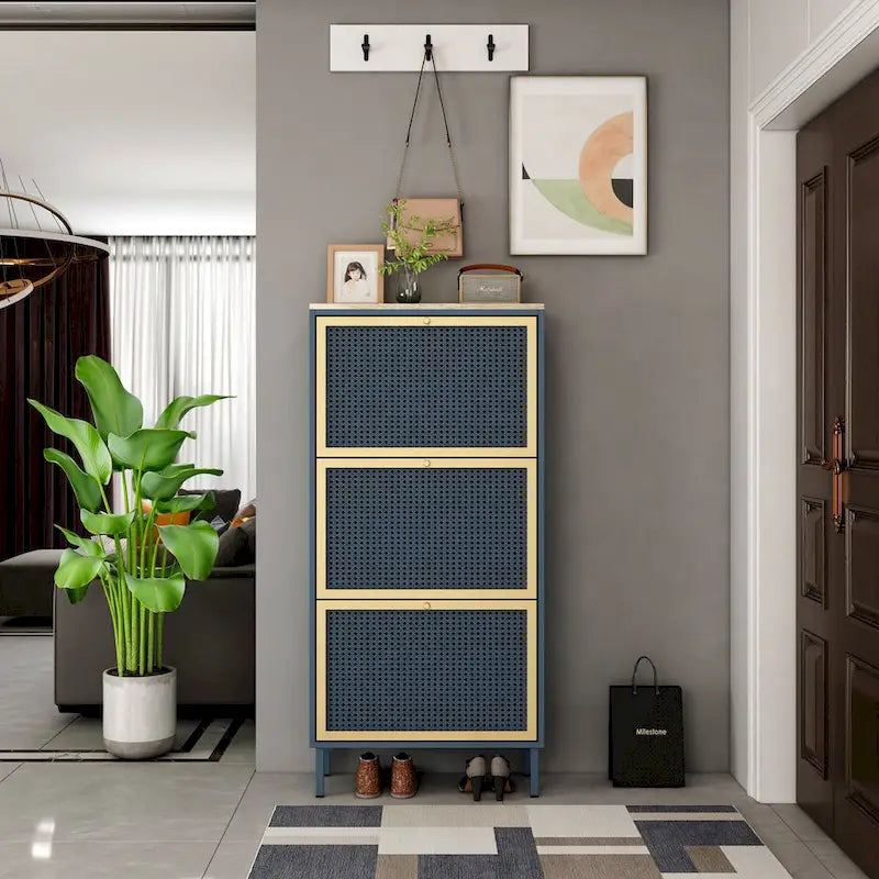 Freestanding Shoe Storage Cabinet with 3 Rattan-Effect Metal Doors and Adjustable Shelves