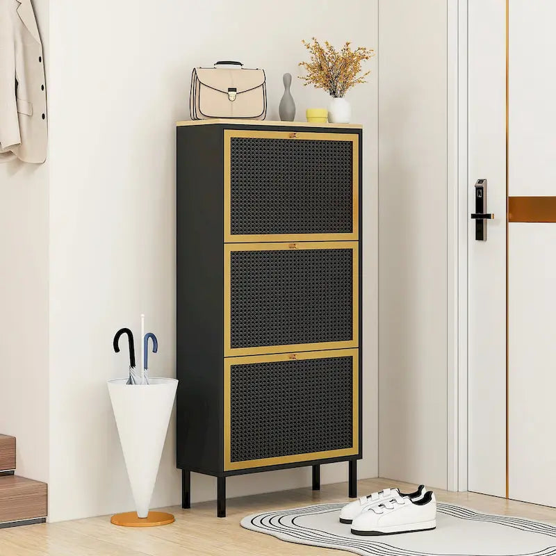 Freestanding Shoe Storage Cabinet with 3 Rattan-Effect Metal Doors and Adjustable Shelves
