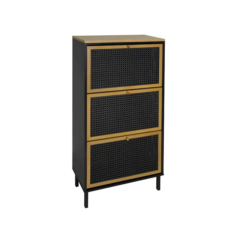 Freestanding Shoe Storage Cabinet with 3 Rattan-Effect Metal Doors and Adjustable Shelves