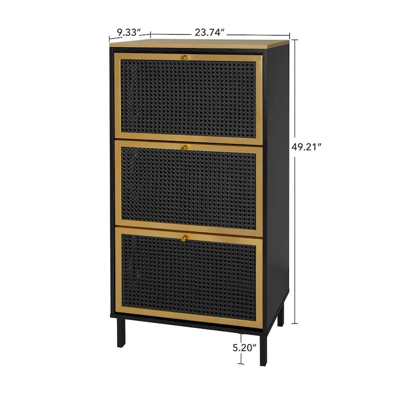 Freestanding Shoe Storage Cabinet with 3 Rattan-Effect Metal Doors and Adjustable Shelves