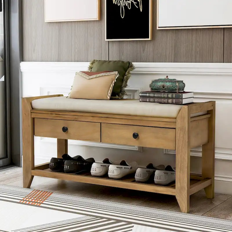 Entryway Storage Bench with Cushioned Seat and Drawers