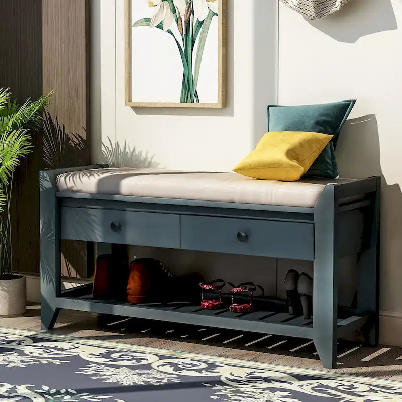 Entryway Storage Bench with Cushioned Seat and Drawers