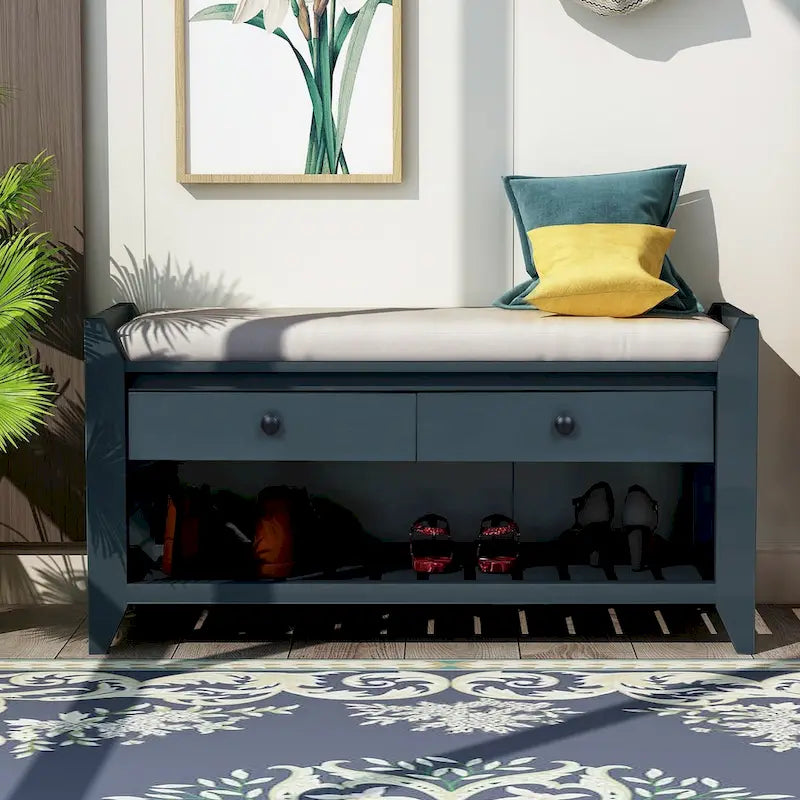 Entryway Storage Bench with Cushioned Seat and Drawers