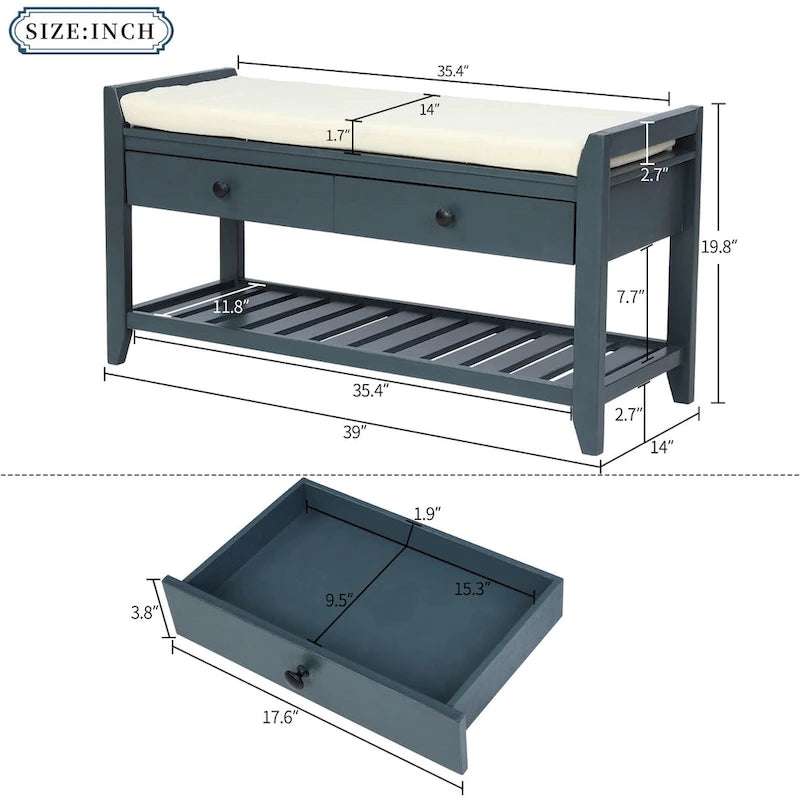 Entryway Storage Bench with Cushioned Seat and Drawers