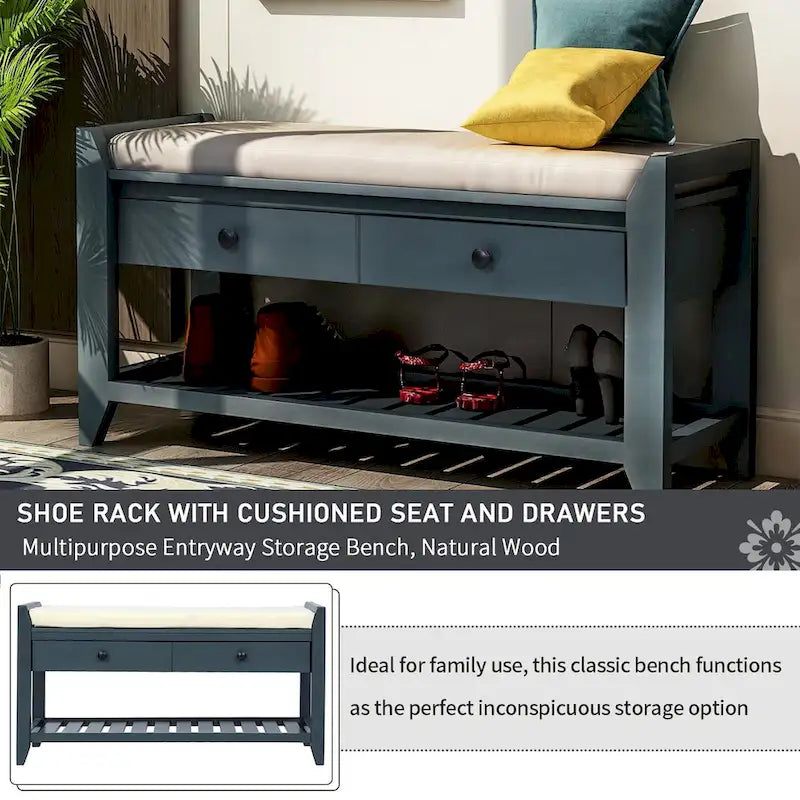 Entryway Storage Bench with Cushioned Seat and Drawers