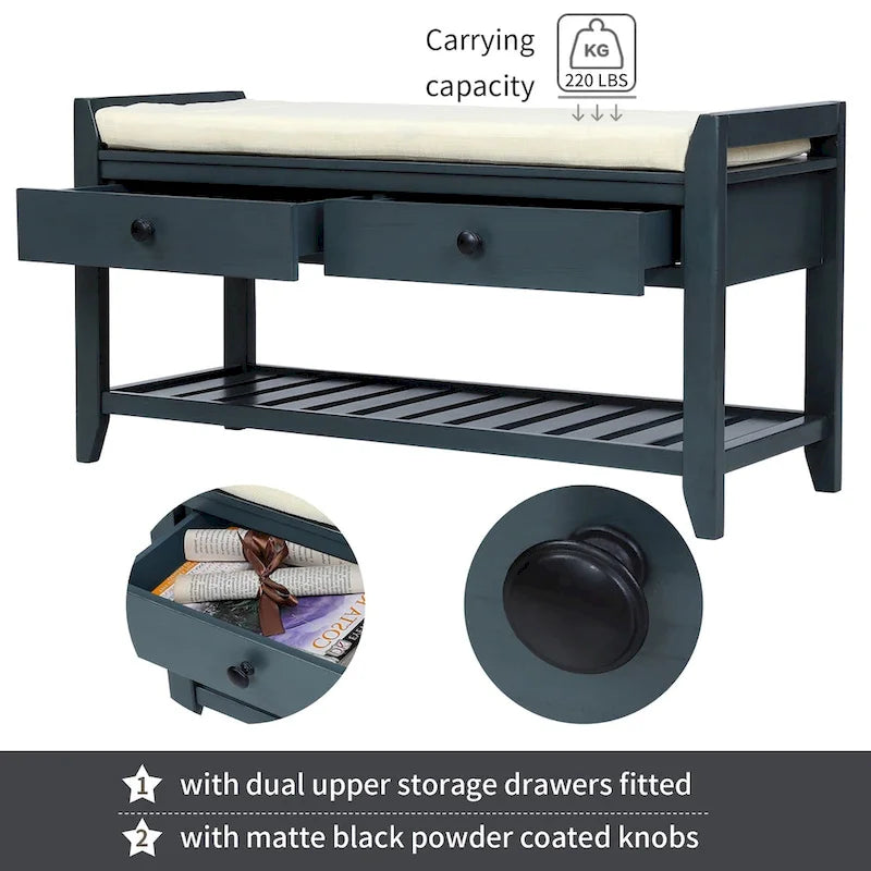 Entryway Storage Bench with Cushioned Seat and Drawers