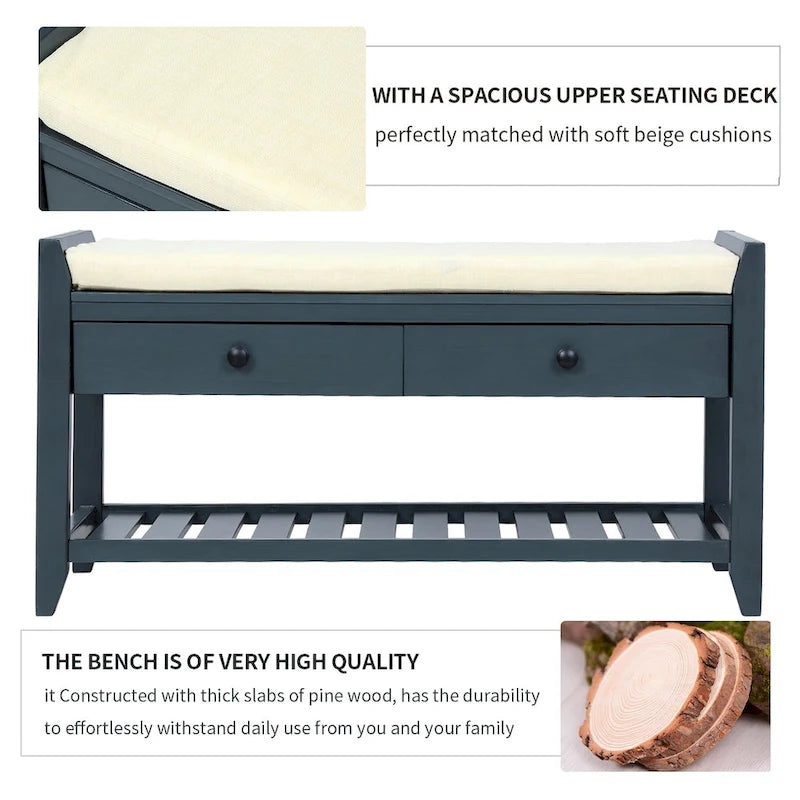 Entryway Storage Bench with Cushioned Seat and Drawers