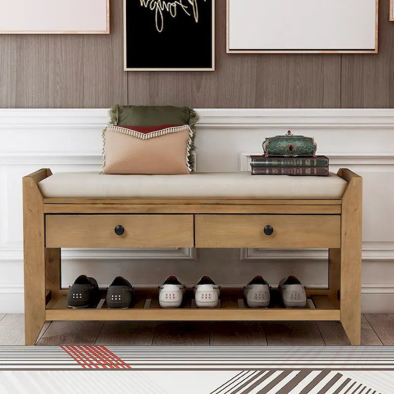 Entryway Storage Bench with Cushioned Seat and Drawers