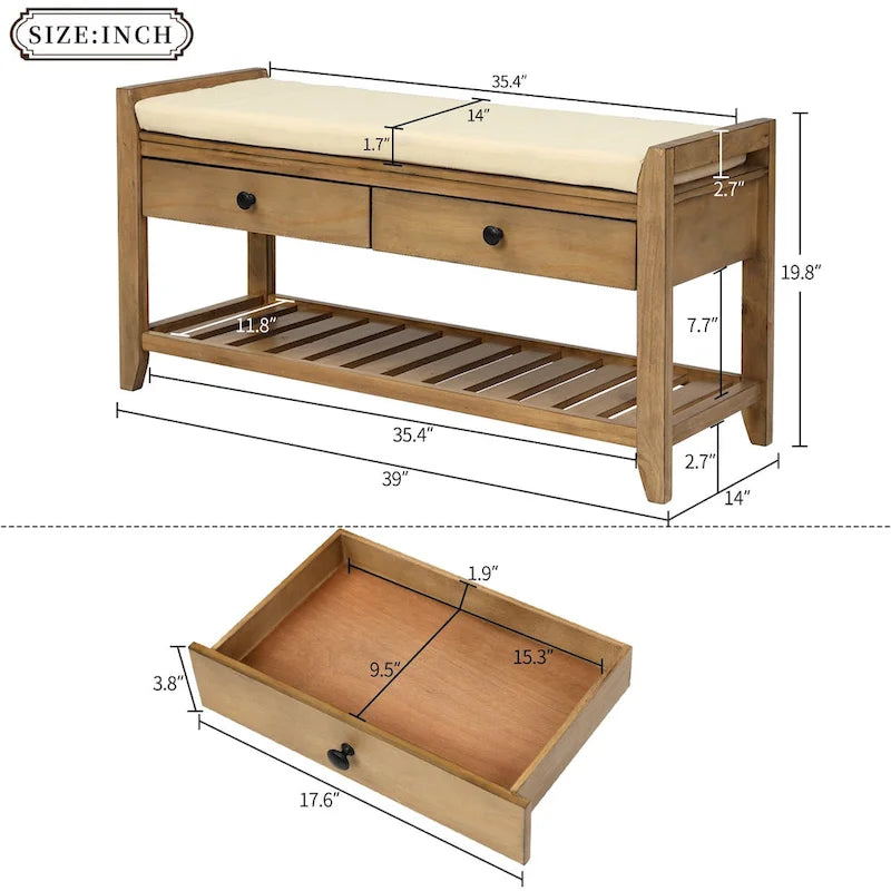 Entryway Storage Bench with Cushioned Seat and Drawers