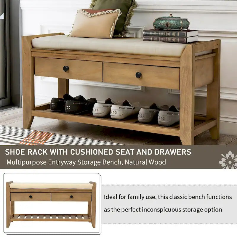 Entryway Storage Bench with Cushioned Seat and Drawers
